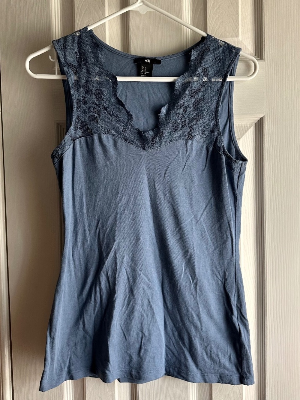 H&M Size Small Blue Tank Top with Lace Trim at Top 95% Cotton